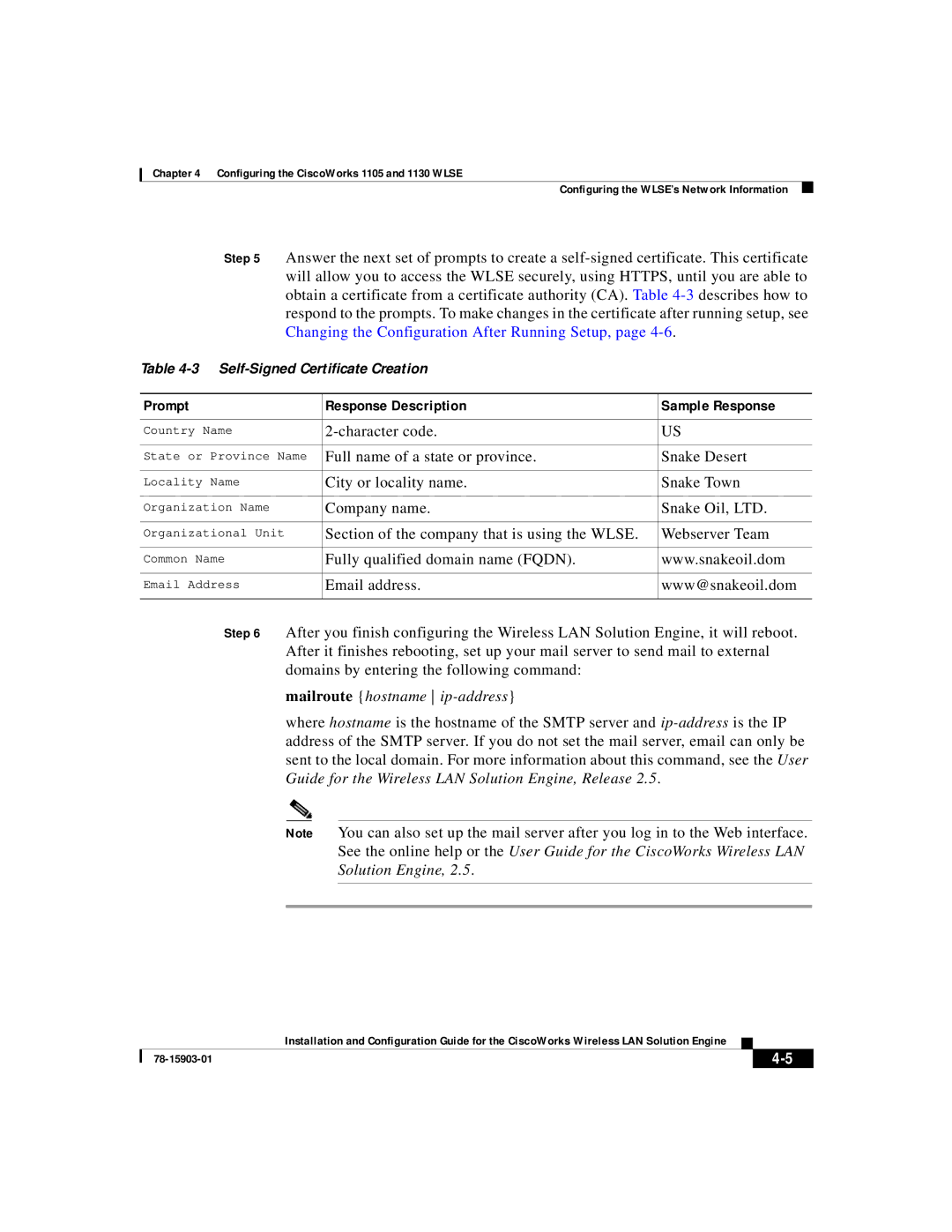 Cisco Systems SOFTWARE RELEASE 2.5 warranty Prompt Response Description Sample Response, Mailroute hostname ip-address 