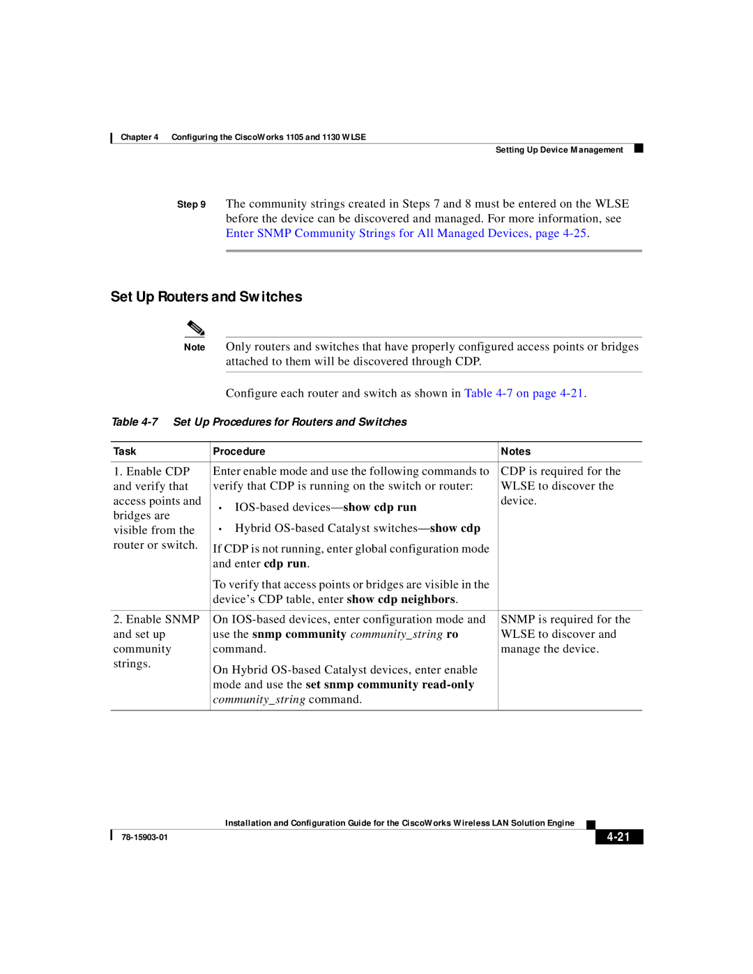 Cisco Systems SOFTWARE RELEASE 2.5 Set Up Routers and Switches, Task Procedure, Use the snmp community communitystring ro 