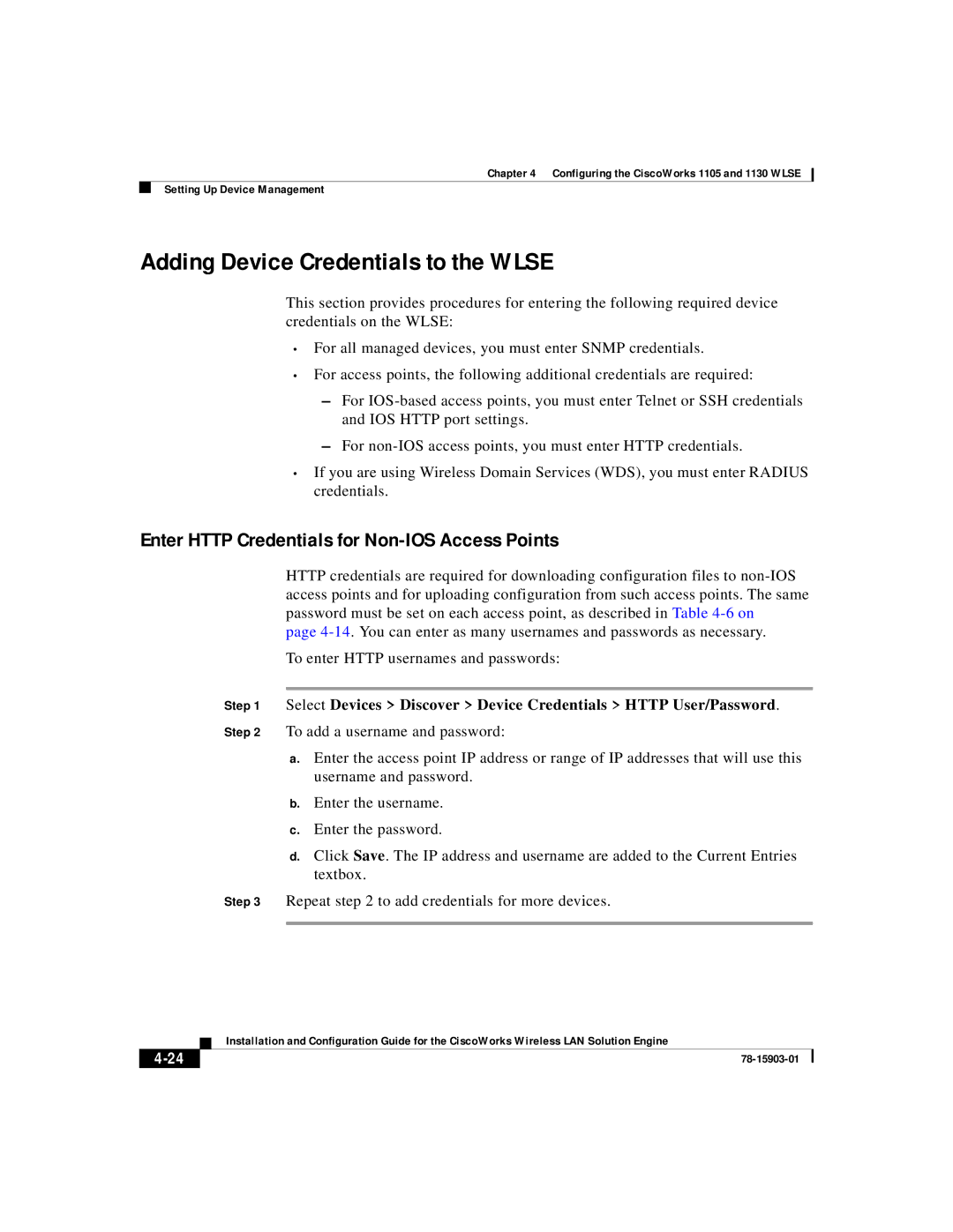 Cisco Systems SOFTWARE RELEASE 2.5 Adding Device Credentials to the Wlse, Enter Http Credentials for Non-IOS Access Points 