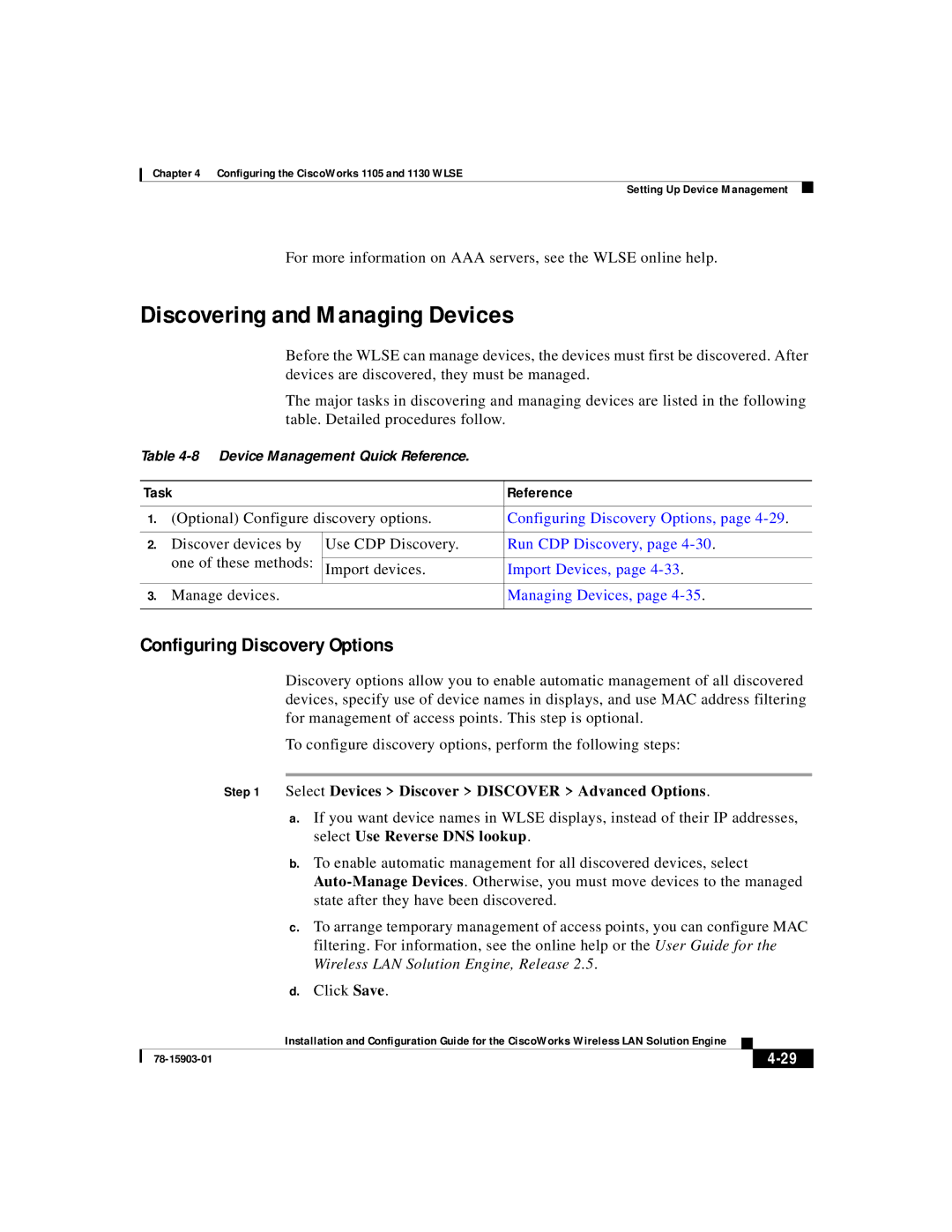 Cisco Systems SOFTWARE RELEASE 2.5 warranty Discovering and Managing Devices, Configuring Discovery Options, Task Reference 