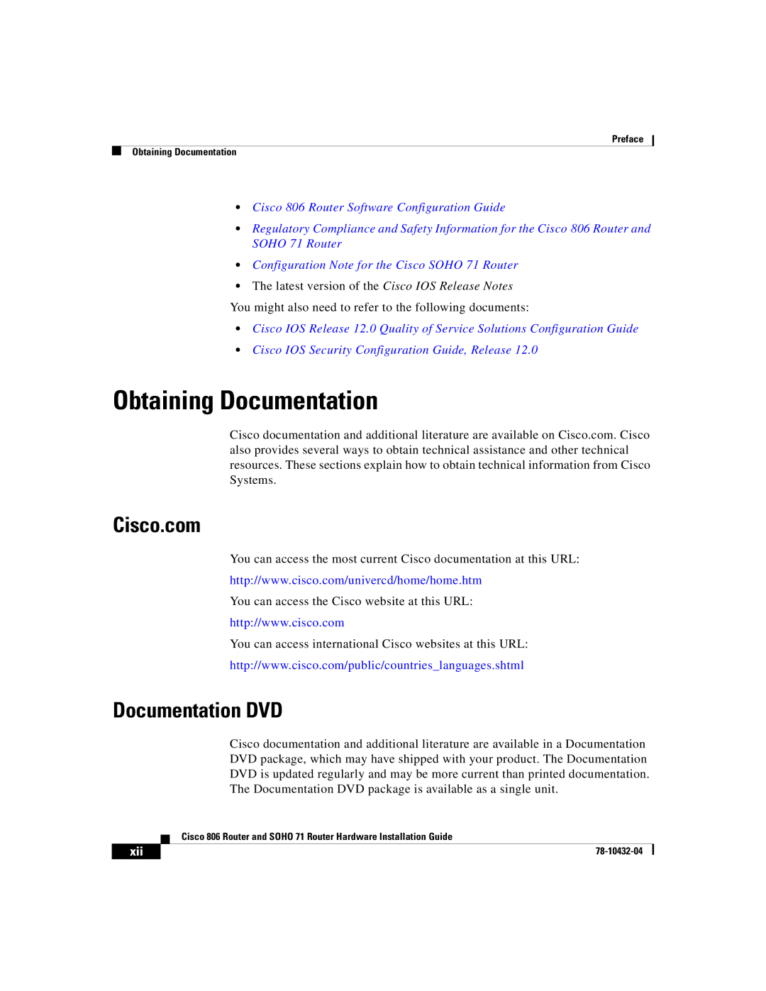 Cisco Systems SOHO 71 manual Obtaining Documentation, Cisco.com, Documentation DVD 