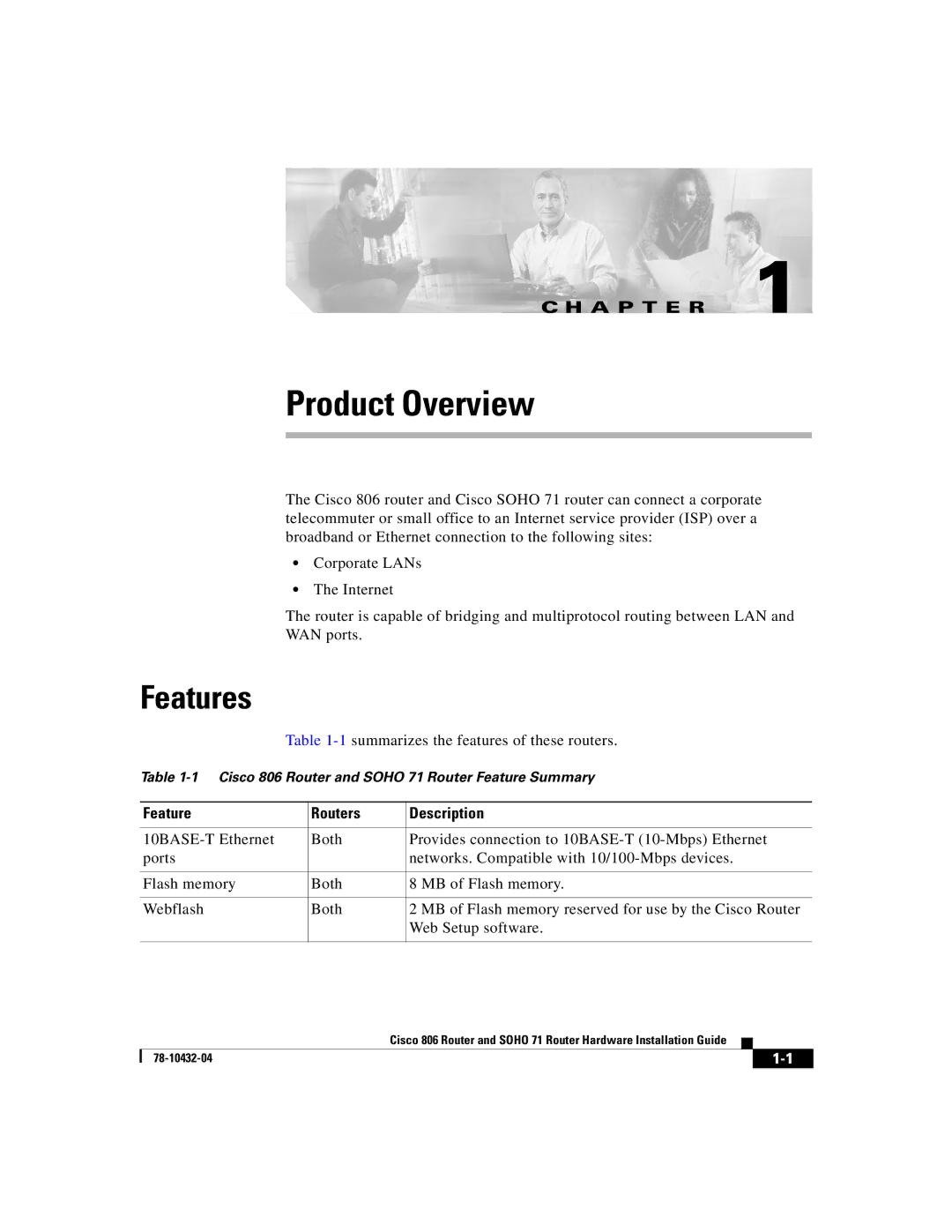 Cisco Systems SOHO 71 manual Features, Feature Routers Description 