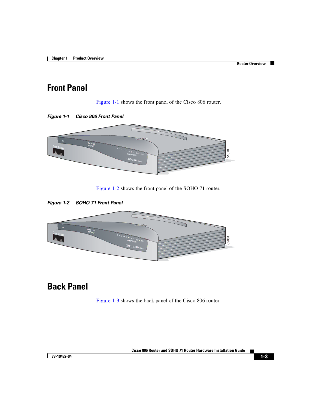 Cisco Systems SOHO 71 manual Front Panel, Back Panel 