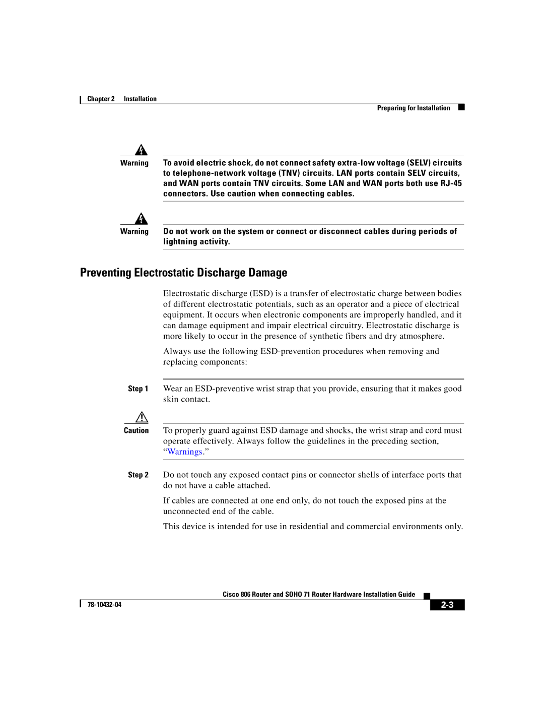 Cisco Systems SOHO 71 manual Preventing Electrostatic Discharge Damage 