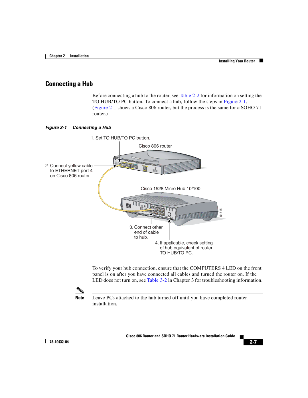 Cisco Systems SOHO 71 manual Connecting a Hub 