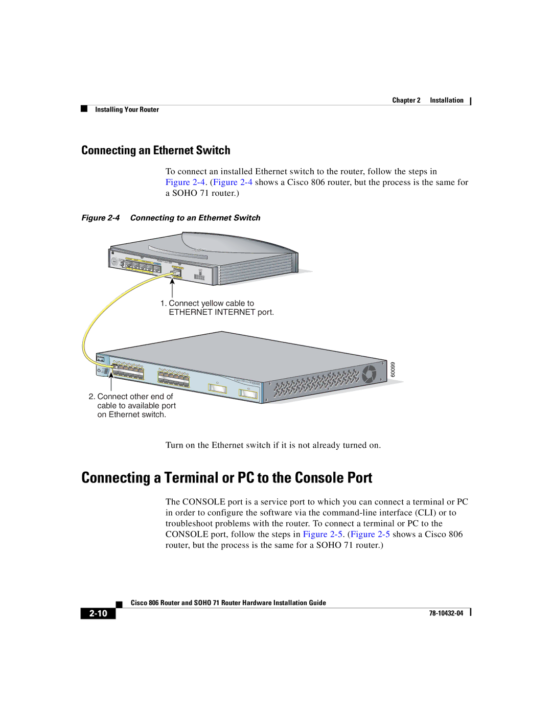 Cisco Systems SOHO 71 manual Connecting a Terminal or PC to the Console Port, Connecting an Ethernet Switch 