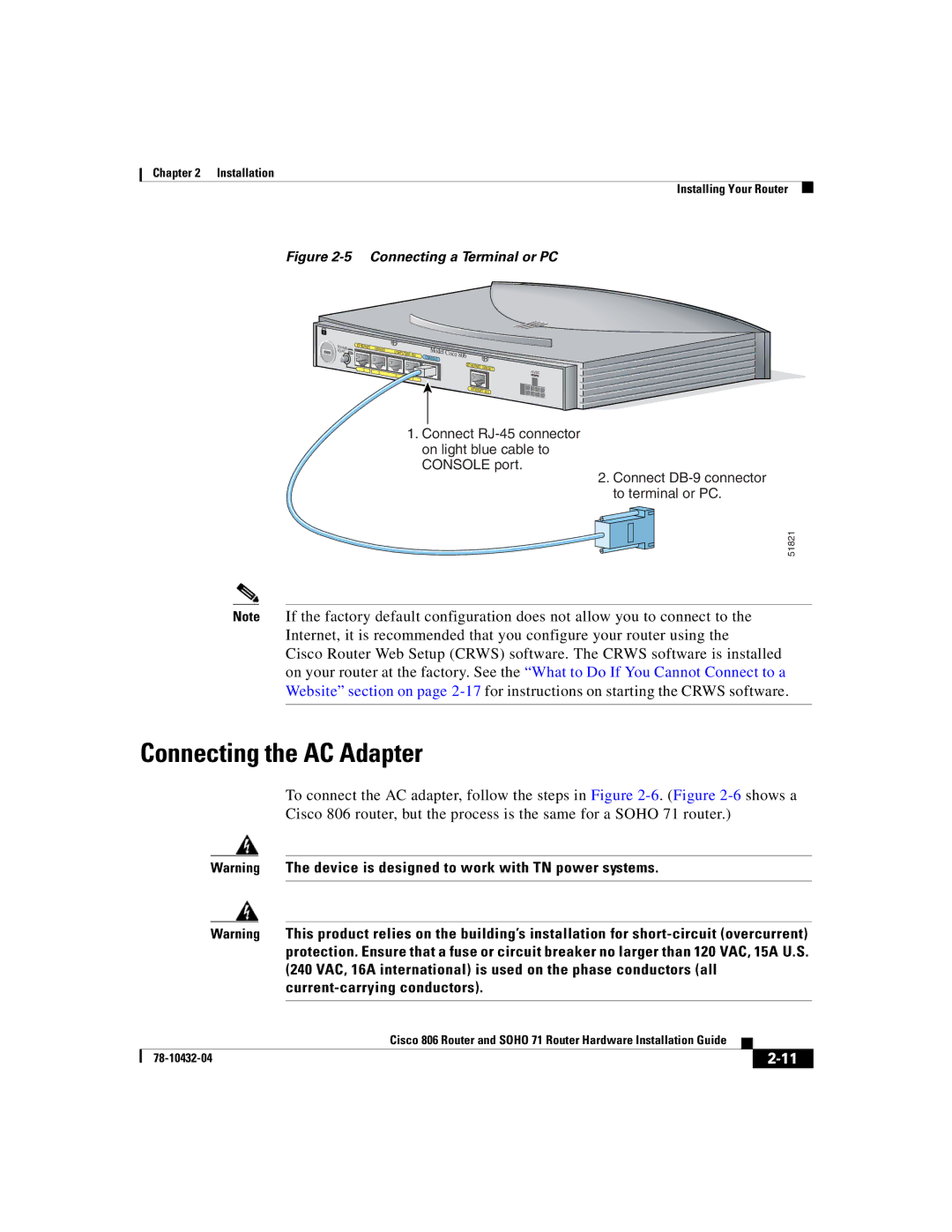 Cisco Systems SOHO 71 manual Connecting the AC Adapter, Connecting a Terminal or PC 