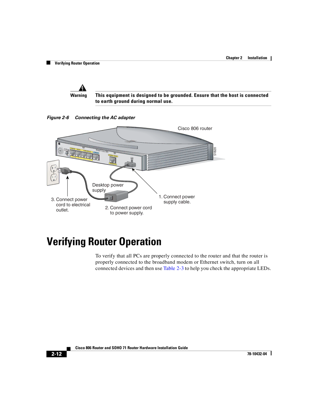 Cisco Systems SOHO 71 manual Verifying Router Operation, Connecting the AC adapter 