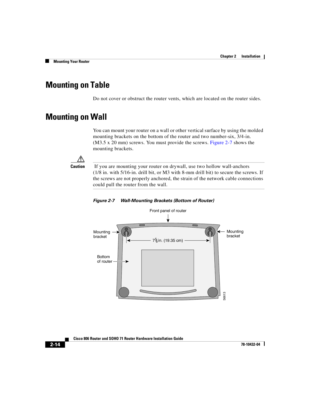 Cisco Systems SOHO 71 manual Mounting on Table, Mounting on Wall 