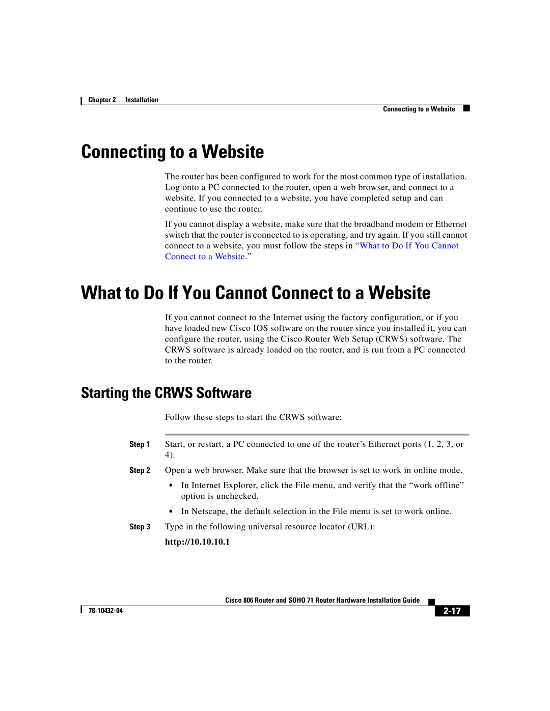 Cisco Systems SOHO 71 manual Connecting to a Website, Starting the Crws Software 