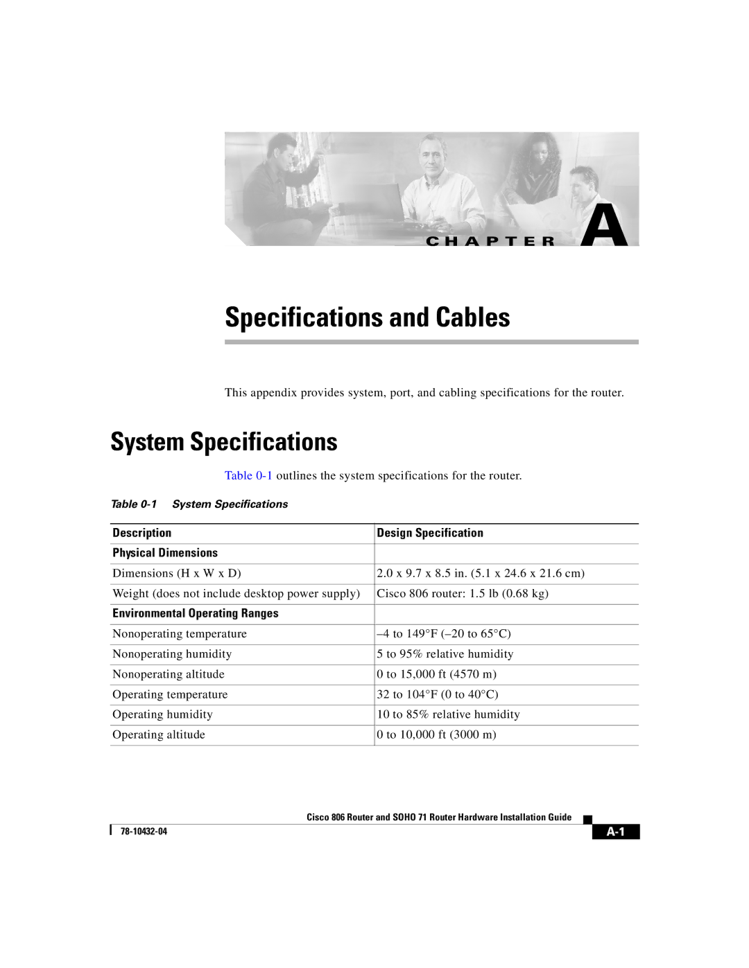 Cisco Systems SOHO 71 manual System Specifications, Description Design Specification Physical Dimensions 