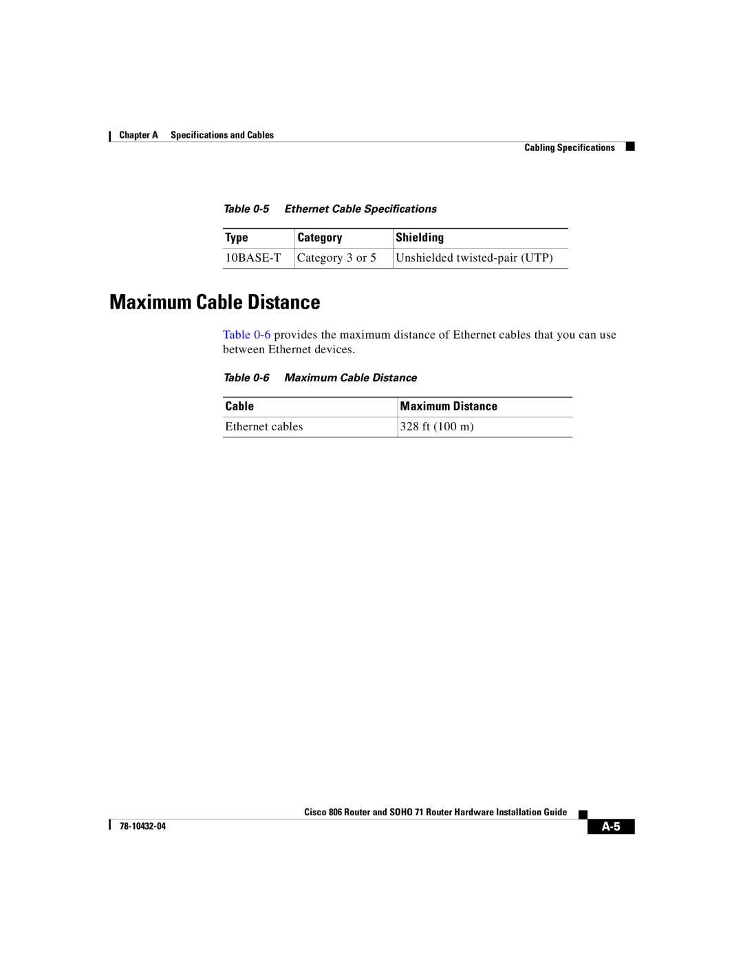 Cisco Systems SOHO 71 manual Maximum Cable Distance, Type Category Shielding, Cable Maximum Distance 