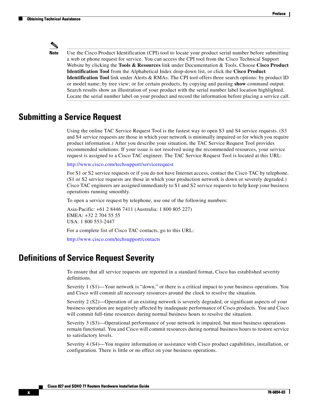 Cisco Systems SOHO 77 manual Submitting a Service Request, Definitions of Service Request Severity 