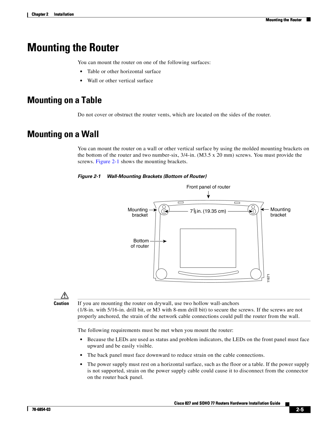 Cisco Systems SOHO 77 manual Mounting the Router, Mounting on a Table, Mounting on a Wall 