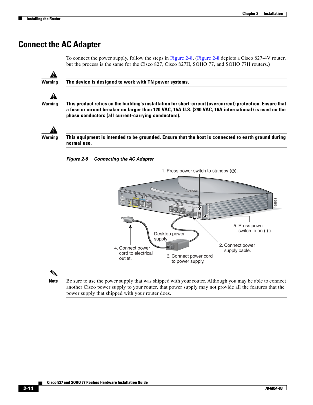 Cisco Systems SOHO 77 manual Connect the AC Adapter, 2-14 