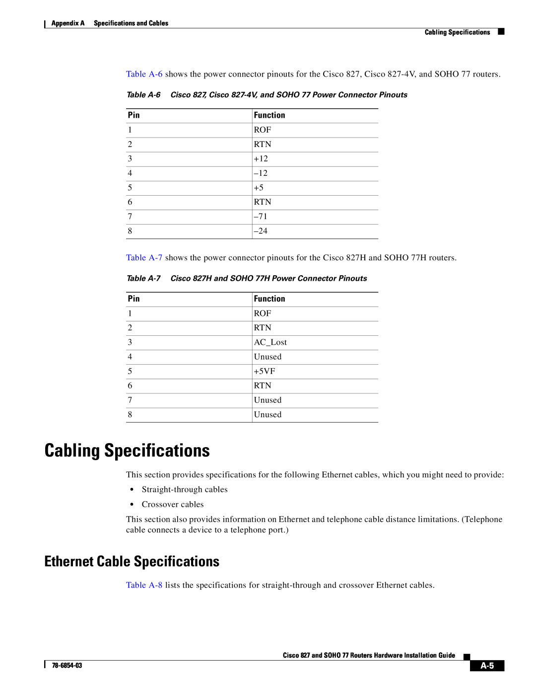 Cisco Systems SOHO 77 manual Cabling Specifications, Ethernet Cable Specifications 