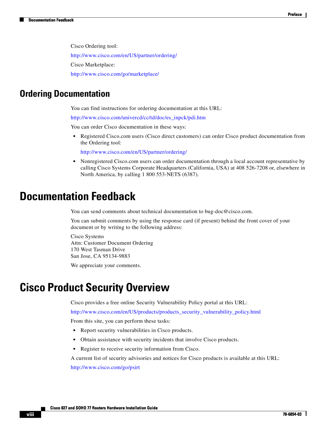 Cisco Systems SOHO 77 manual Documentation Feedback, Cisco Product Security Overview, Ordering Documentation, viii 