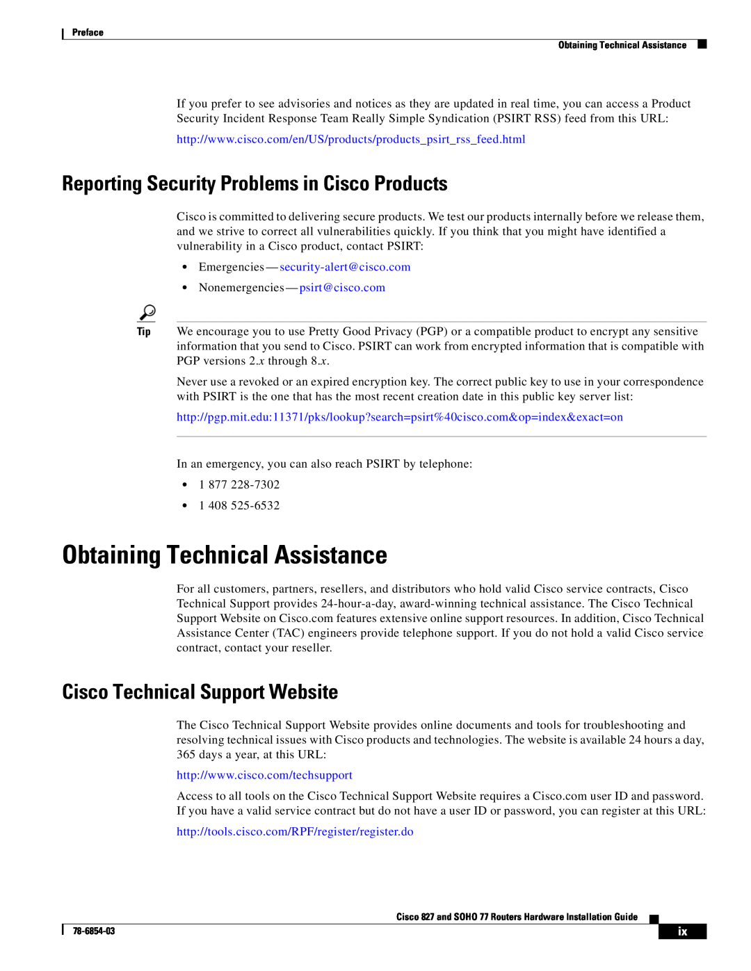Cisco Systems SOHO 77 manual Obtaining Technical Assistance, Reporting Security Problems in Cisco Products 