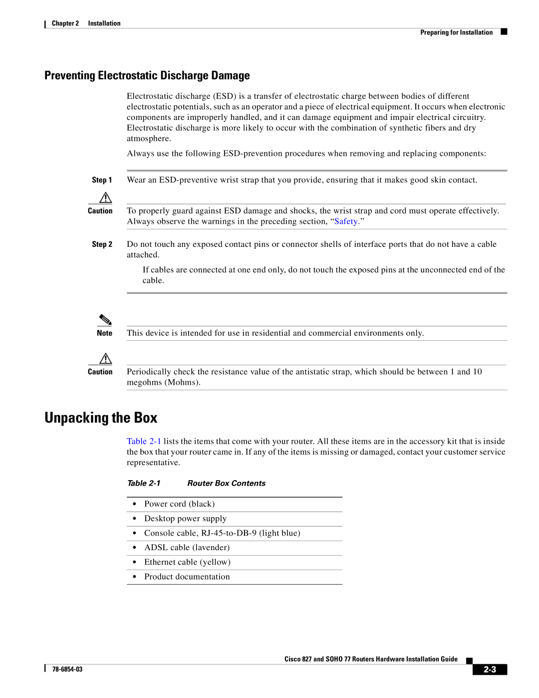 Cisco Systems SOHO 77 manual Unpacking the Box, Preventing Electrostatic Discharge Damage 