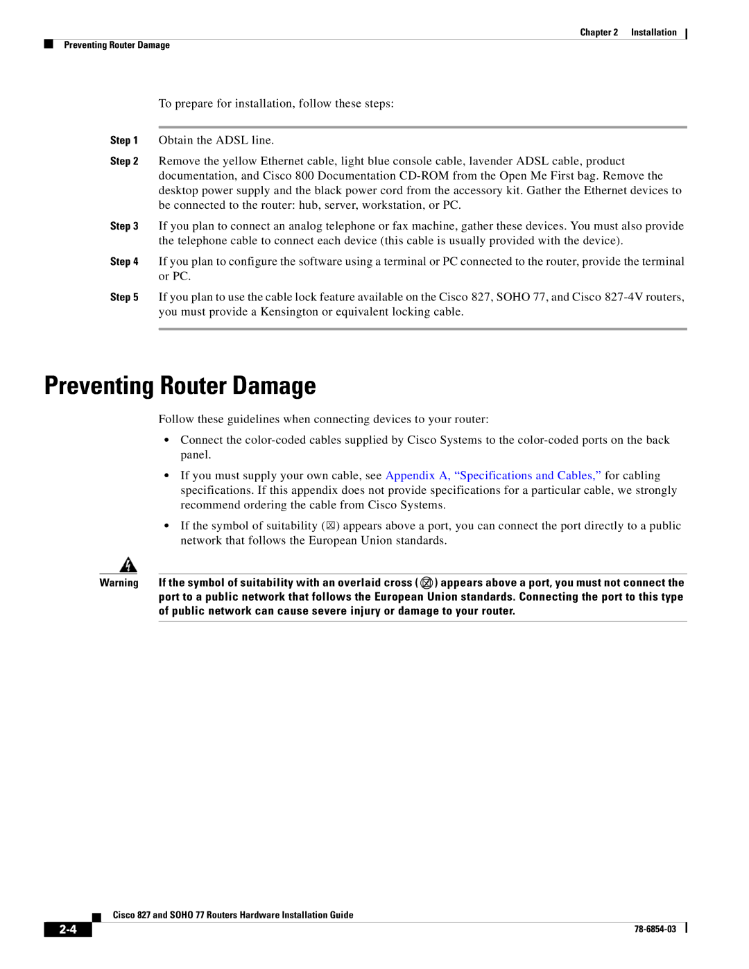 Cisco Systems SOHO 77 manual Preventing Router Damage 