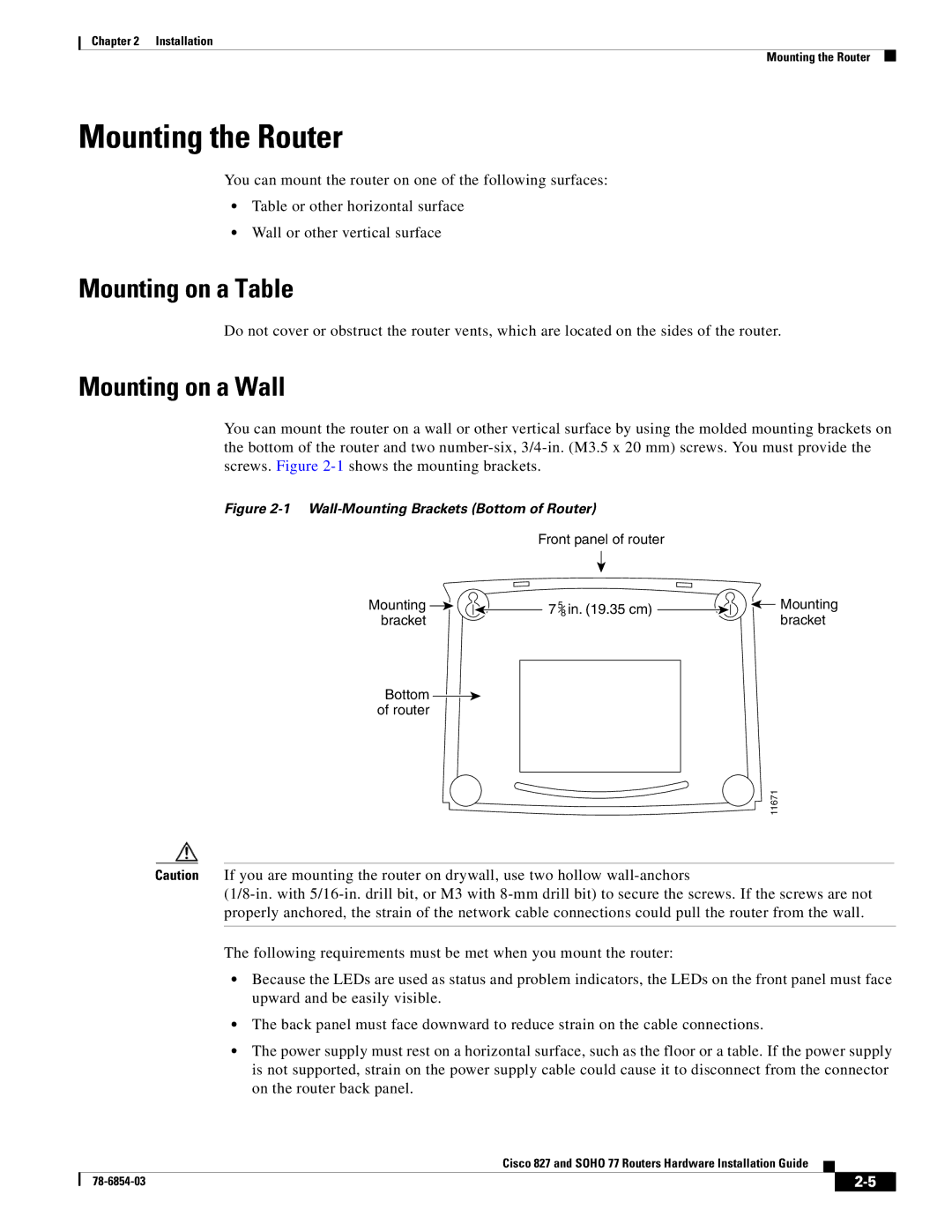 Cisco Systems SOHO 77 manual Mounting the Router, Mounting on a Table, Mounting on a Wall 