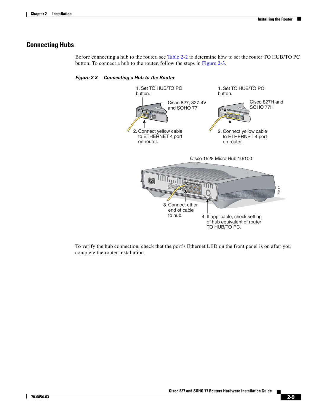 Cisco Systems SOHO 77 manual Connecting Hubs 