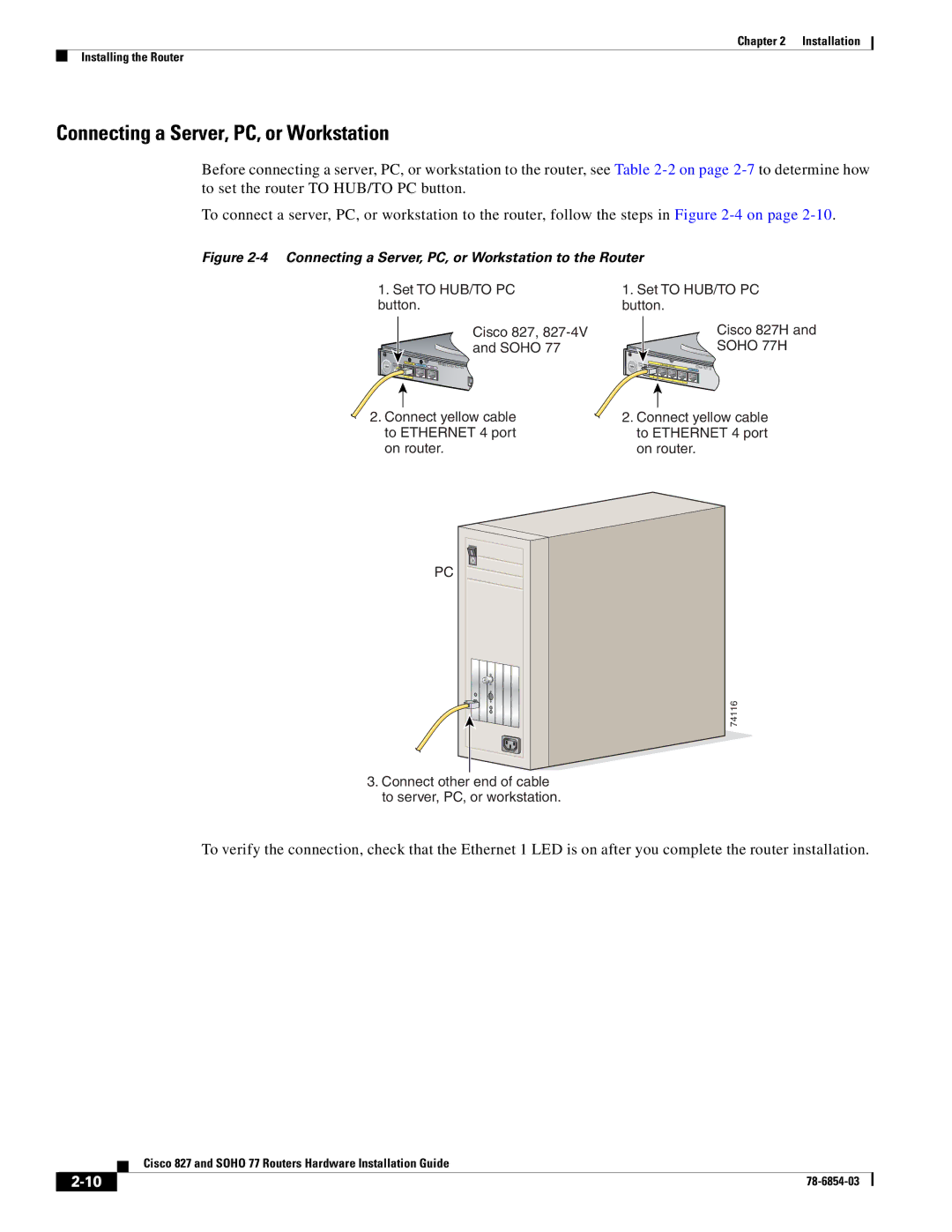 Cisco Systems SOHO 77 manual Connecting a Server, PC, or Workstation 