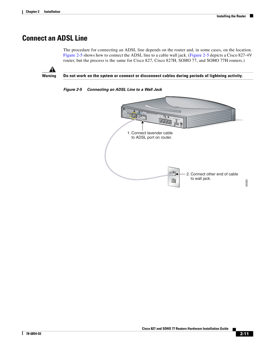 Cisco Systems SOHO 77 manual Connect an Adsl Line, Connecting an Adsl Line to a Wall Jack 