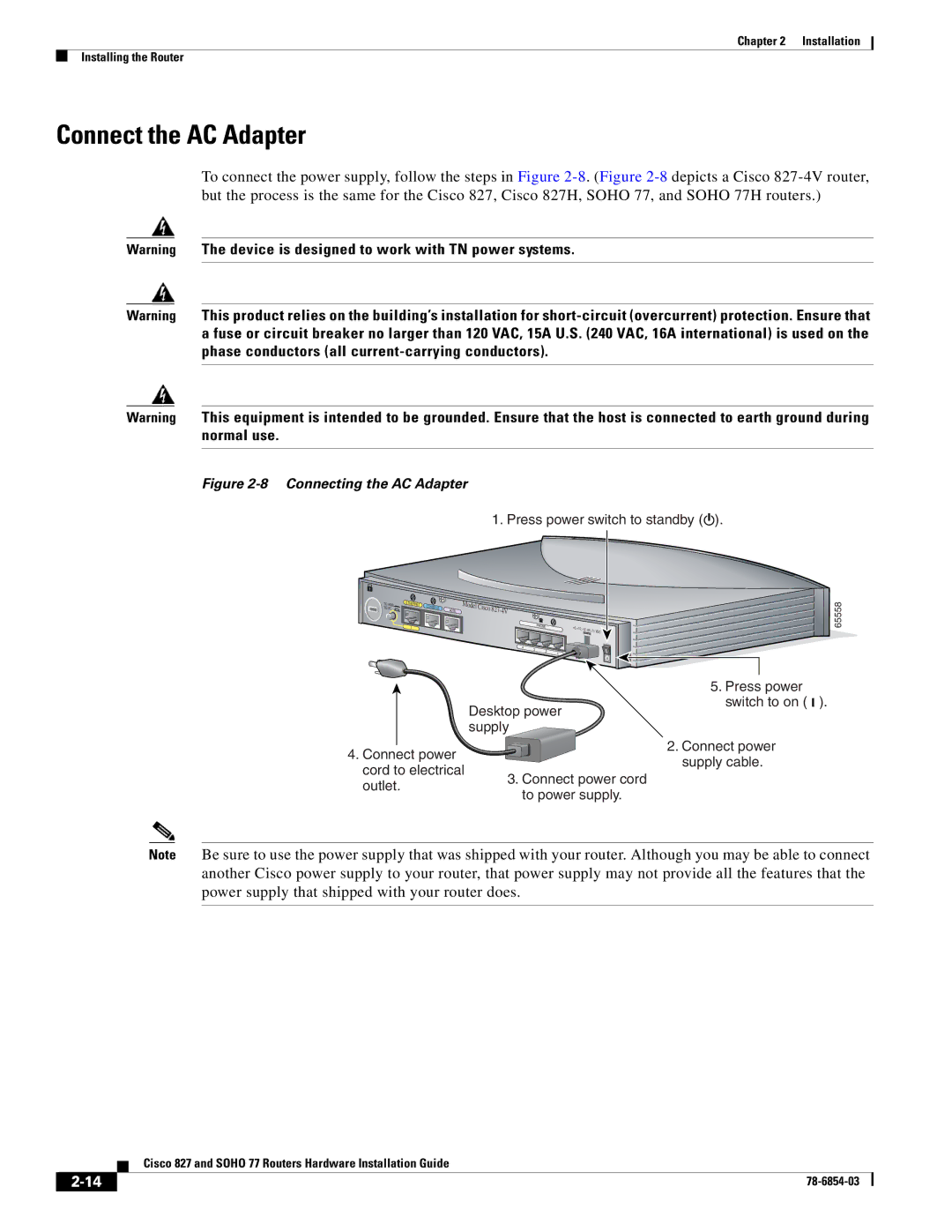 Cisco Systems SOHO 77 manual Connect the AC Adapter, To power supply 