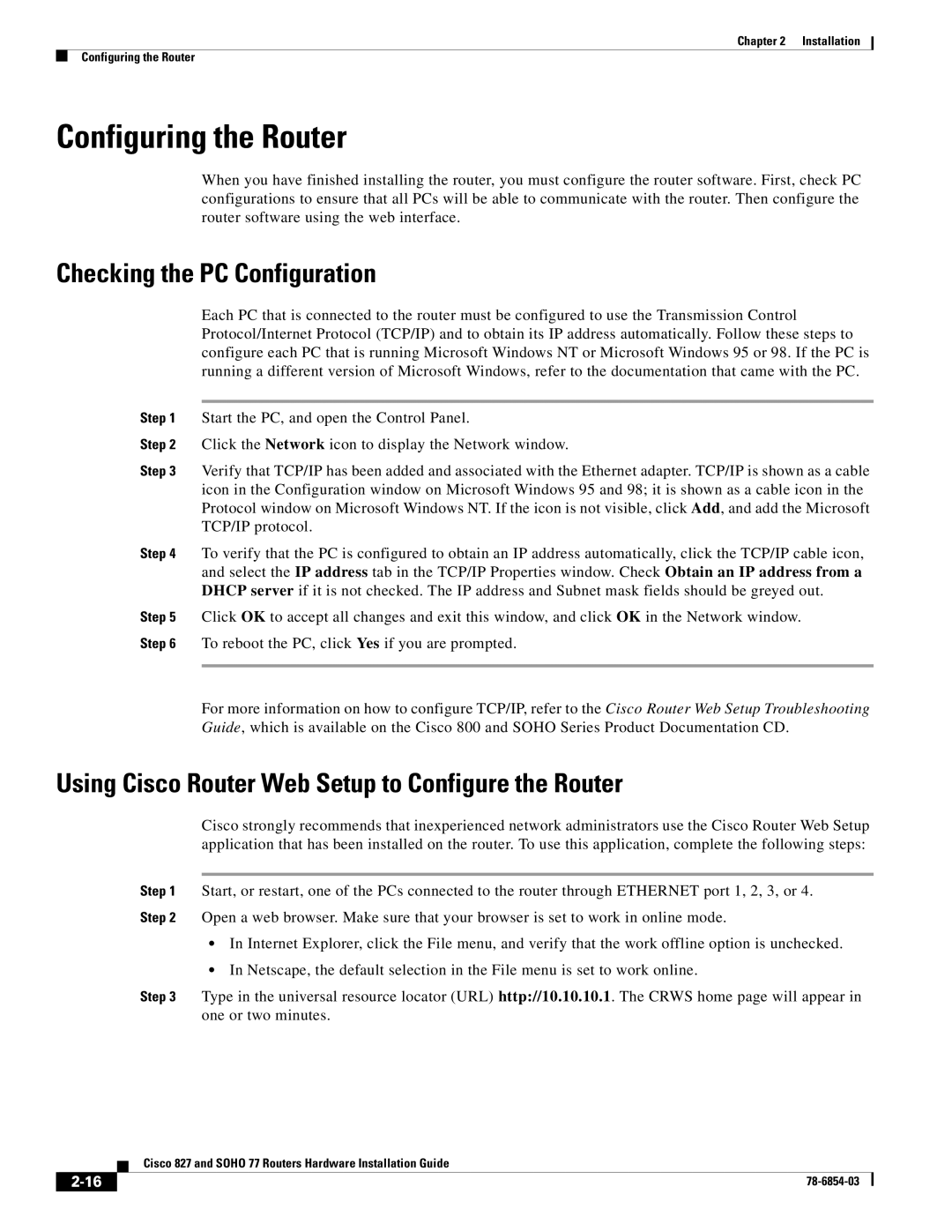 Cisco Systems SOHO 77 manual Configuring the Router, Checking the PC Configuration 