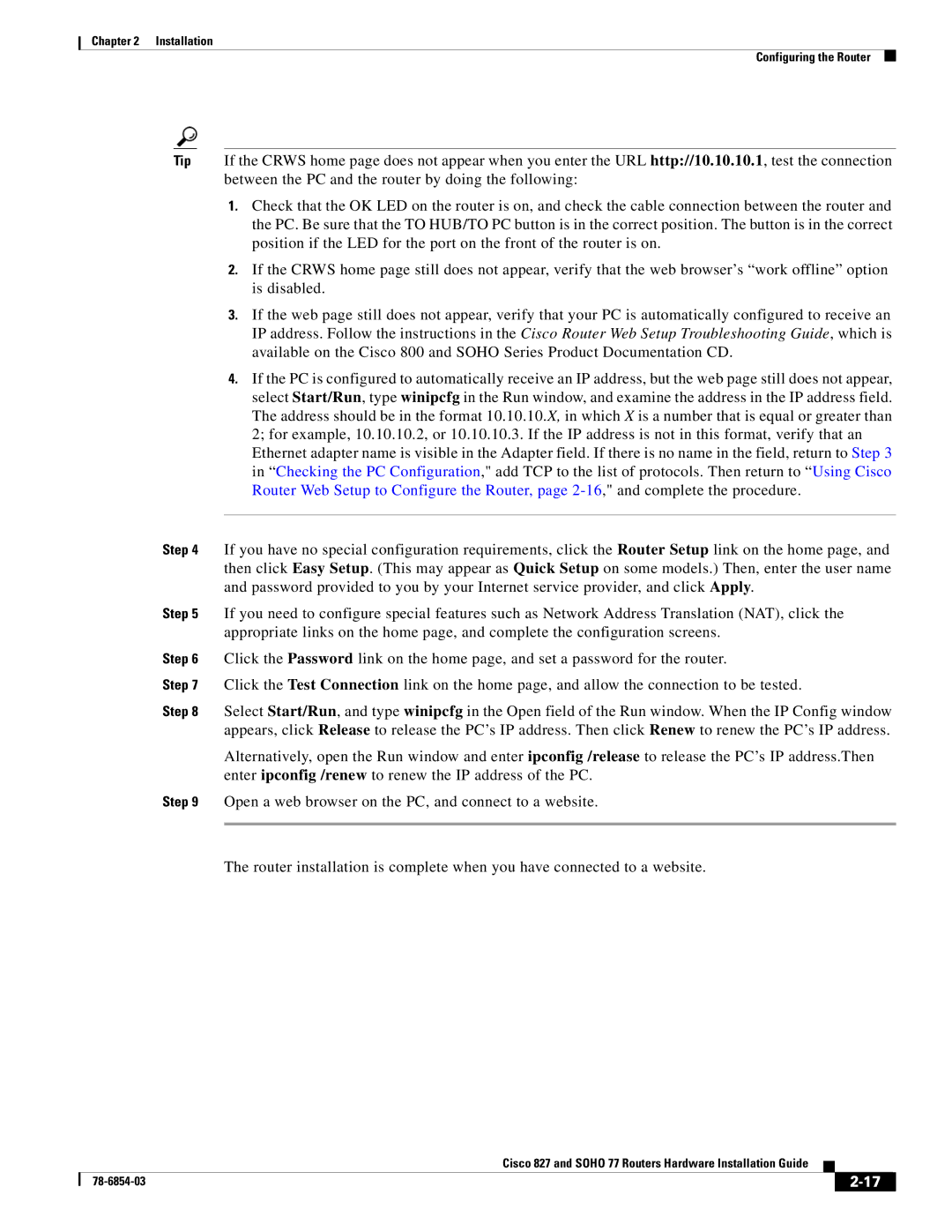 Cisco Systems SOHO 77 manual Installation Configuring the Router 