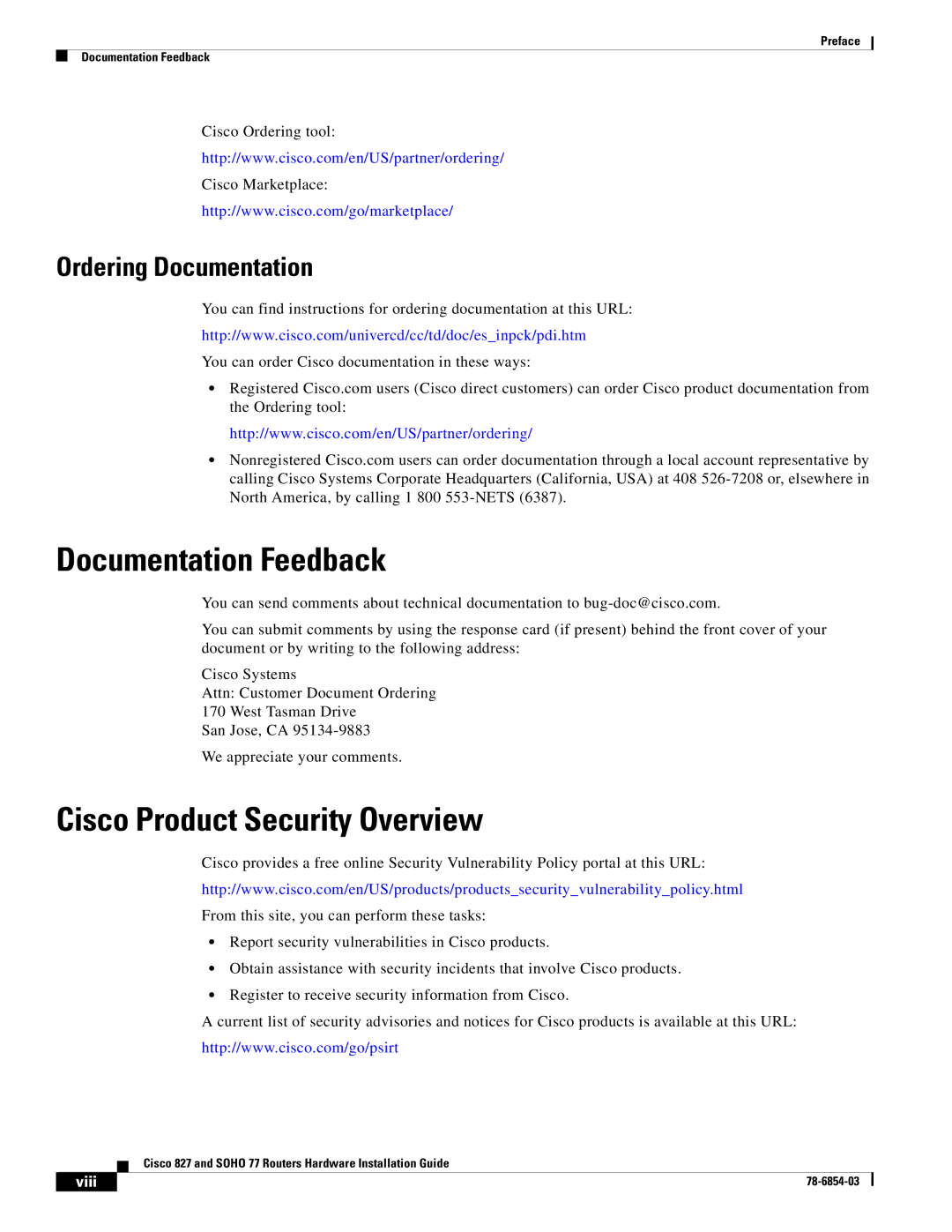 Cisco Systems SOHO 77 manual Documentation Feedback, Cisco Product Security Overview, Ordering Documentation 