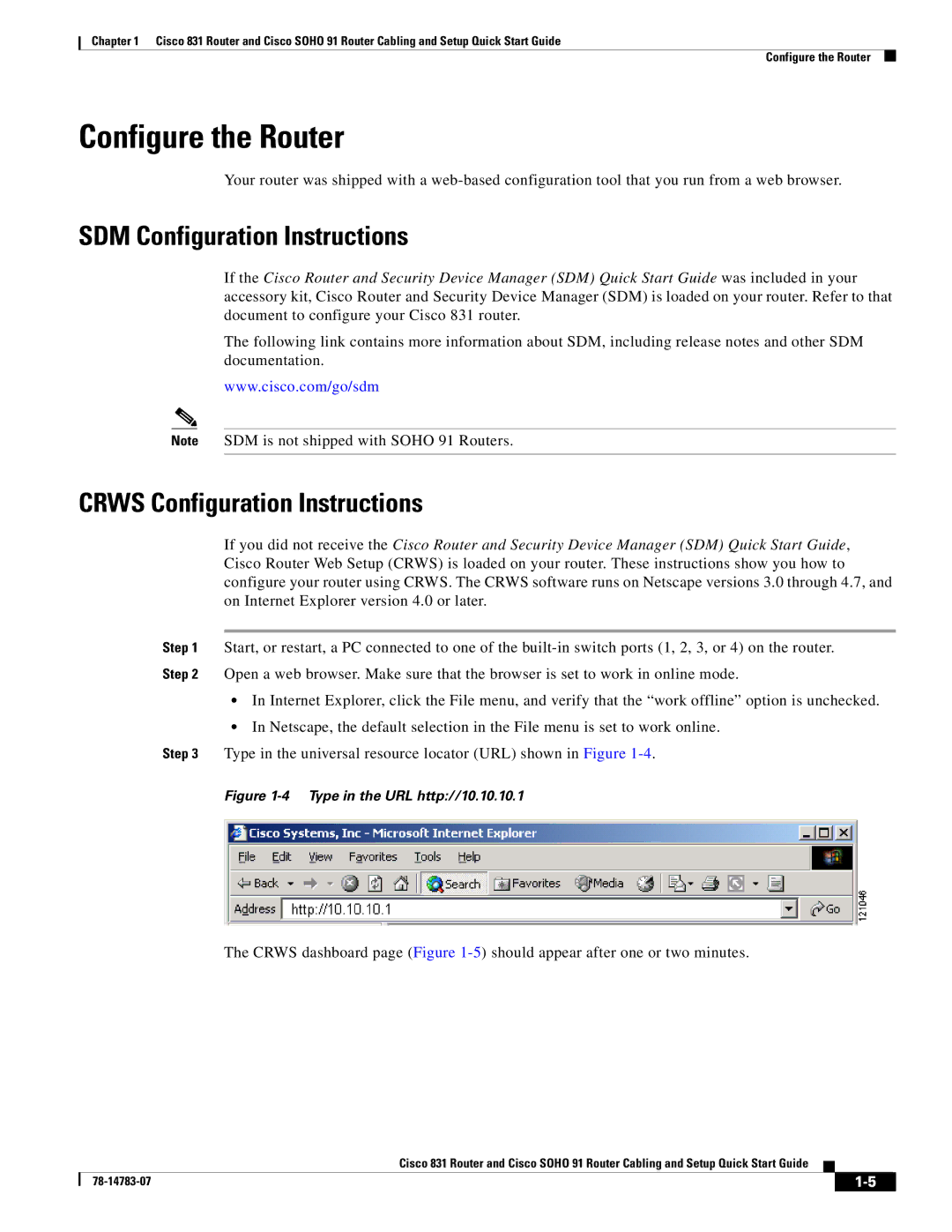 Cisco Systems SOHO 91 quick start Configure the Router, SDM Configuration Instructions, Crws Configuration Instructions 