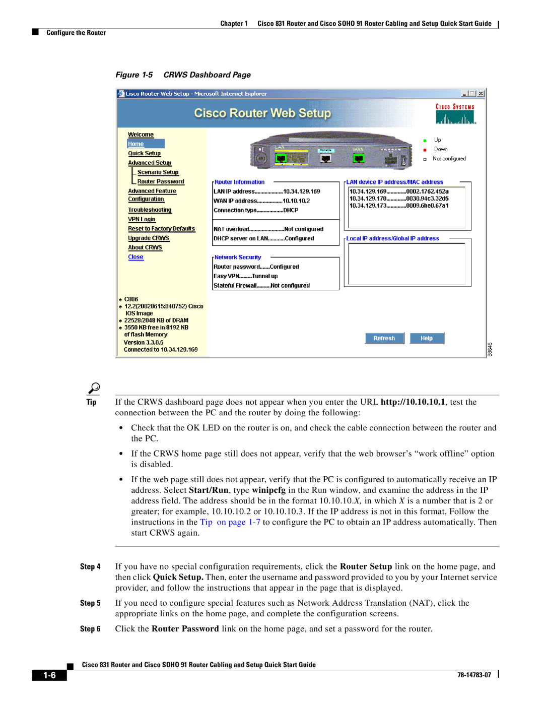 Cisco Systems SOHO 91 quick start Crws Dashboard 