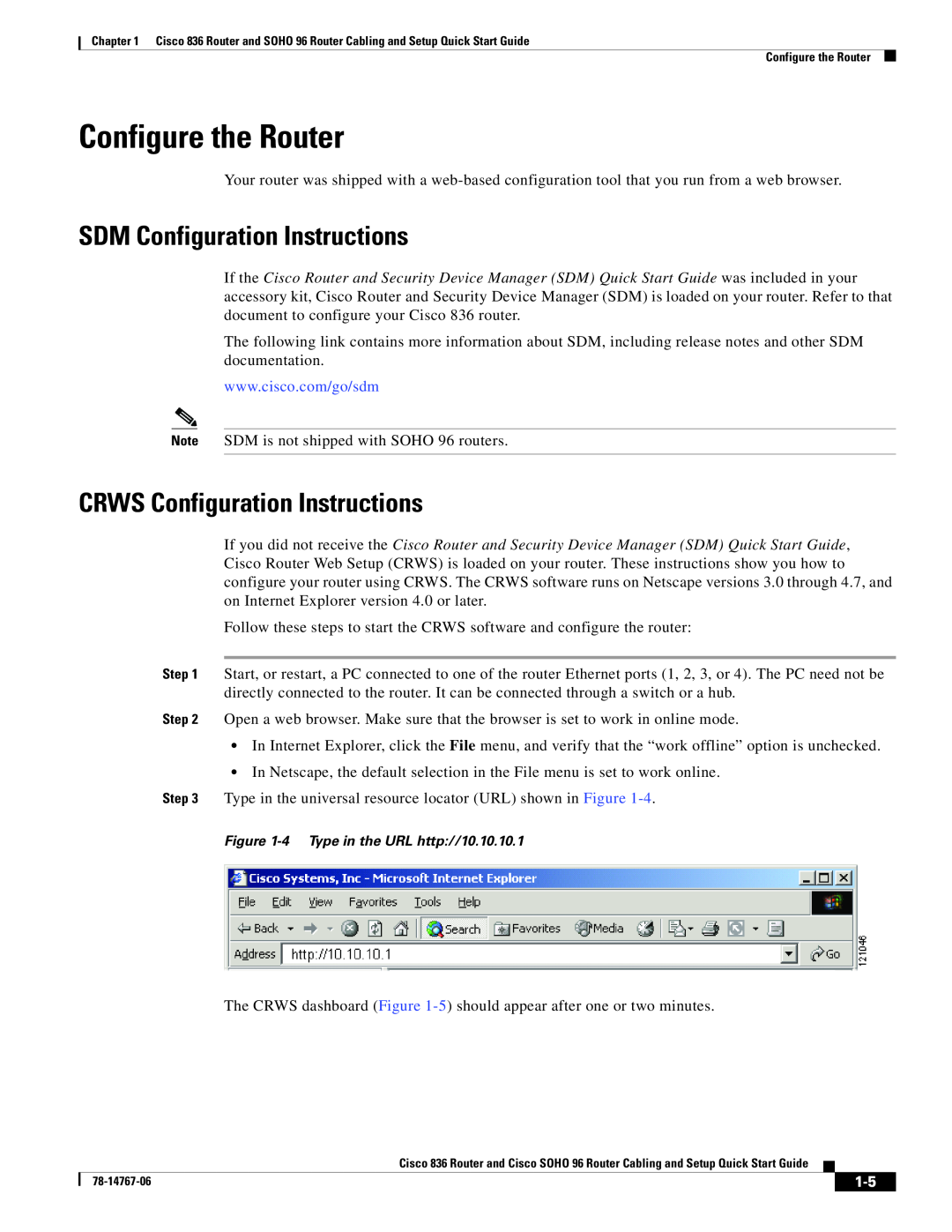 Cisco Systems SOHO 96 quick start Configure the Router, SDM Configuration Instructions, CRWS Configuration Instructions 