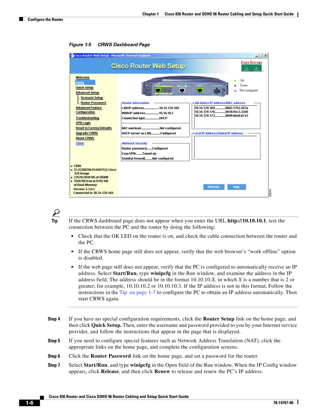 Cisco Systems SOHO 96 quick start 5 CRWS Dashboard Page 