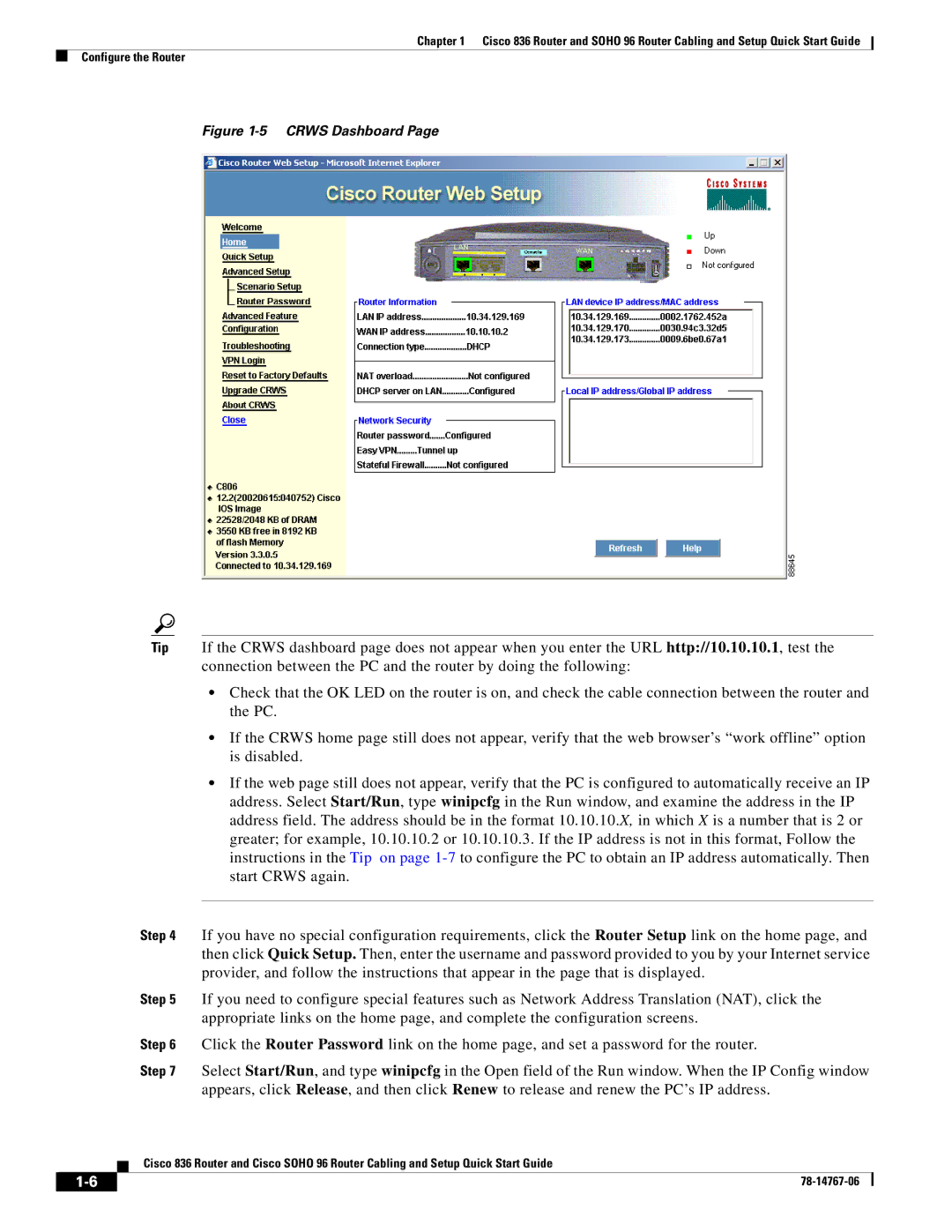 Cisco Systems SOHO 96 quick start Crws Dashboard 