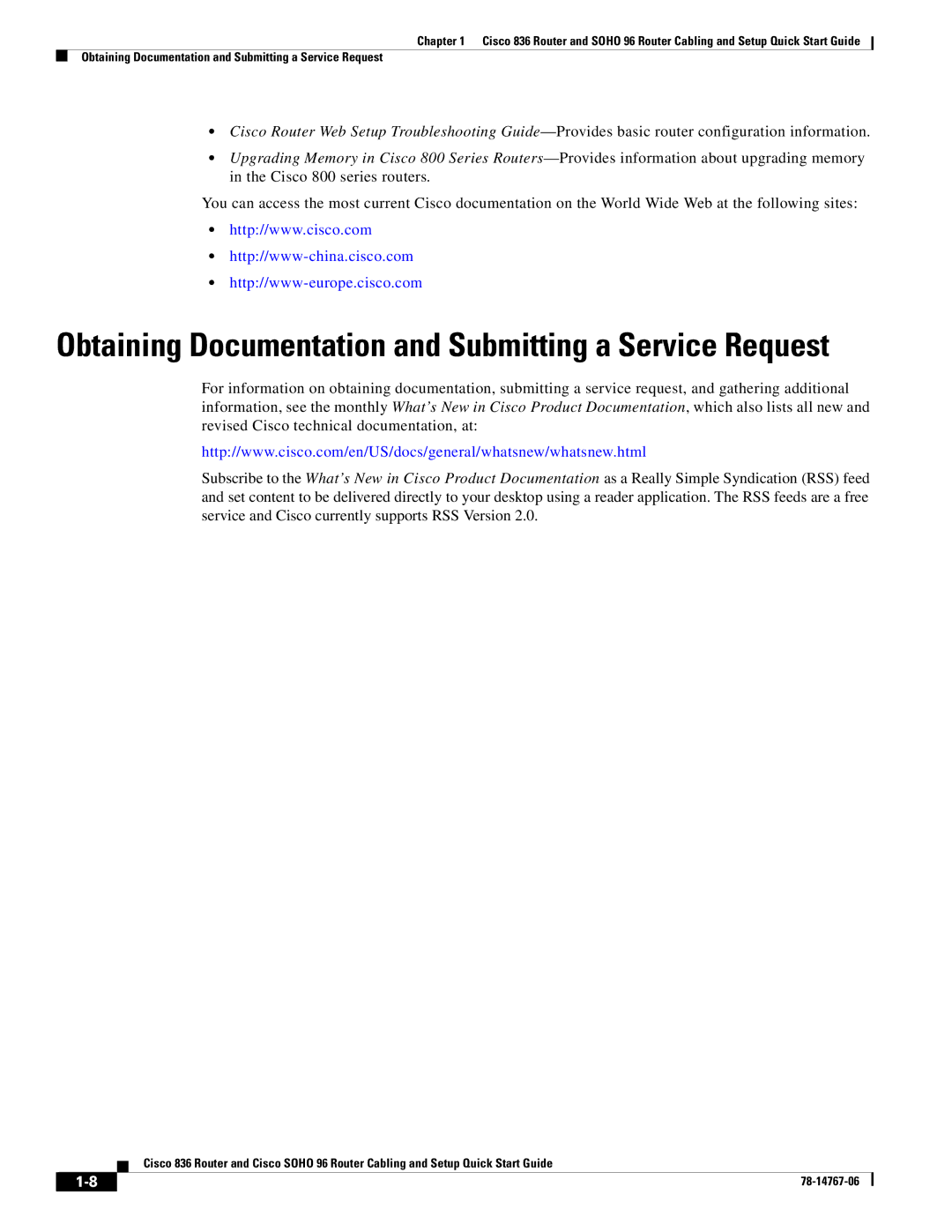 Cisco Systems SOHO 96 quick start Obtaining Documentation and Submitting a Service Request 