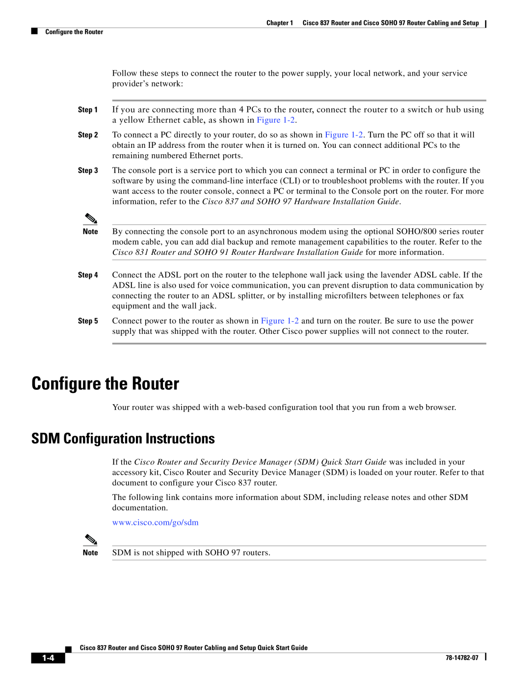 Cisco Systems SOHO 97 quick start Configure the Router, SDM Configuration Instructions 