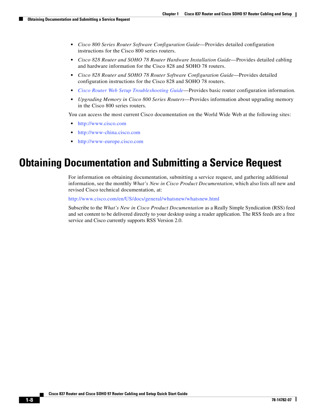 Cisco Systems SOHO 97 quick start Obtaining Documentation and Submitting a Service Request 
