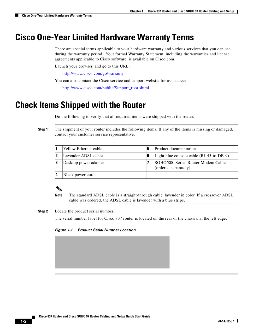 Cisco Systems SOHO 97 quick start Cisco One-Year Limited Hardware Warranty Terms, Check Items Shipped with the Router 