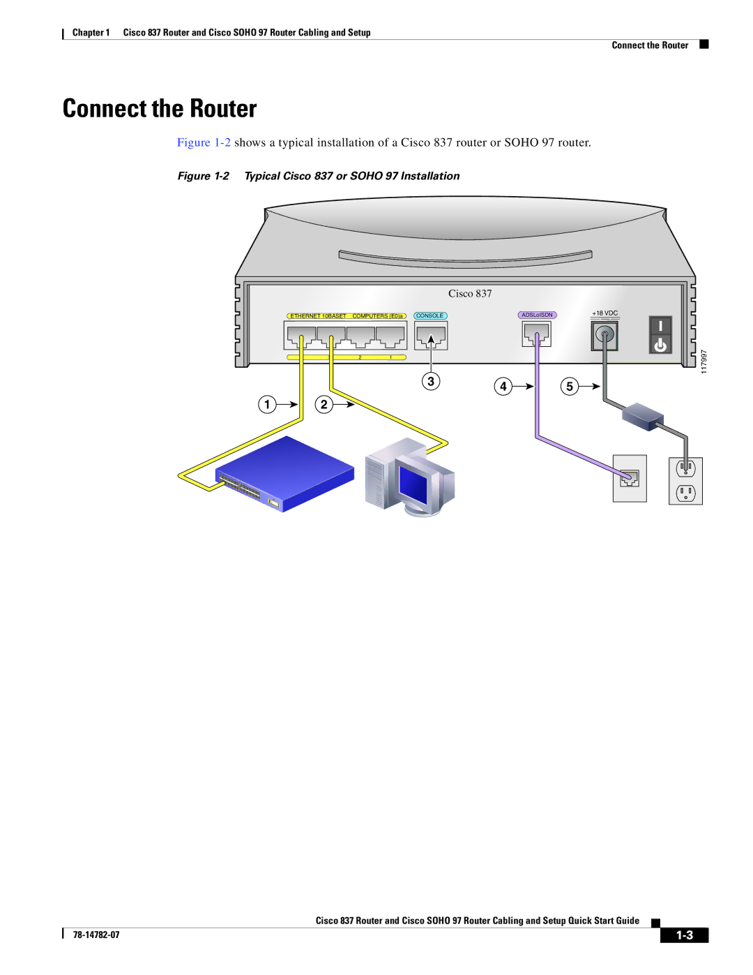 Cisco Systems SOHO 97 quick start Connect the Router, Typical Cisco 837 or Soho 97 Installation 