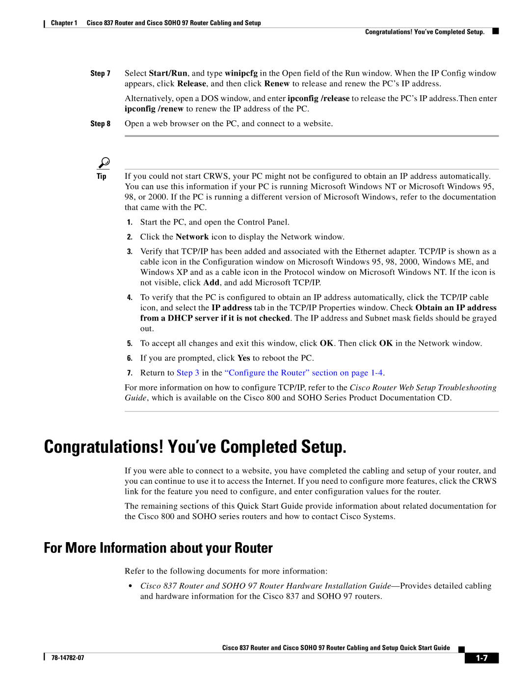 Cisco Systems SOHO 97 quick start Congratulations! You’ve Completed Setup, For More Information about your Router 