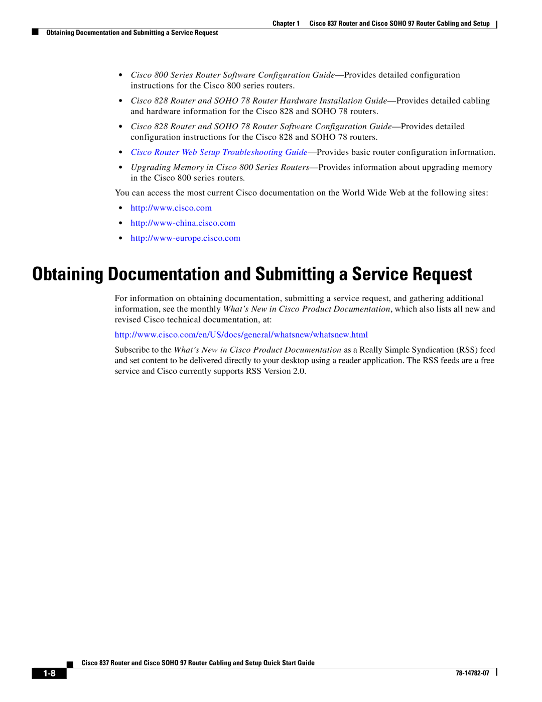 Cisco Systems SOHO 97 quick start Obtaining Documentation and Submitting a Service Request 