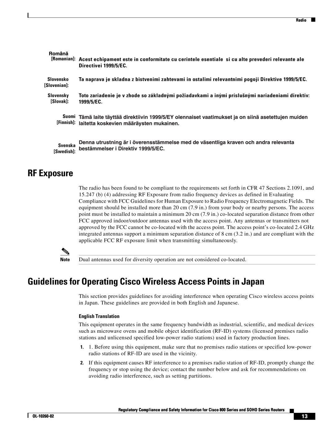 Cisco Systems SOHO Series manual RF Exposure, Guidelines for Operating Cisco Wireless Access Points in Japan 