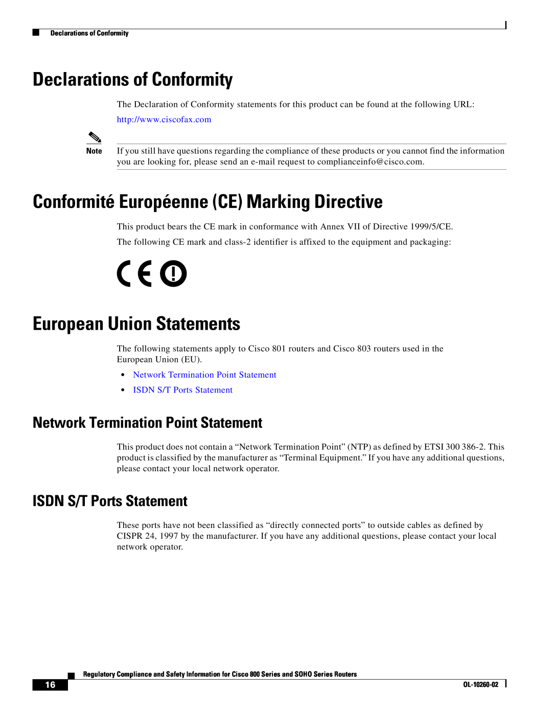 Cisco Systems SOHO Series Declarations of Conformity, Conformité Européenne CE Marking Directive, ISDN S/T Ports Statement 