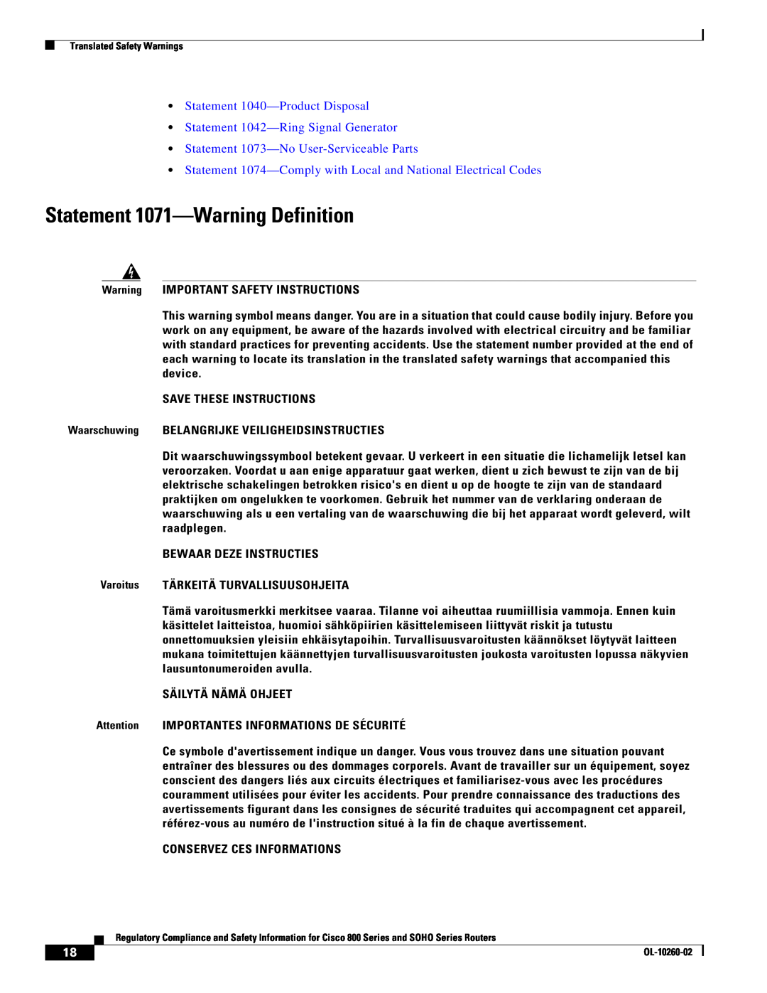 Cisco Systems SOHO Series manual Statement 1071-Warning Definition, Statement 1073-No User-Serviceable Parts 