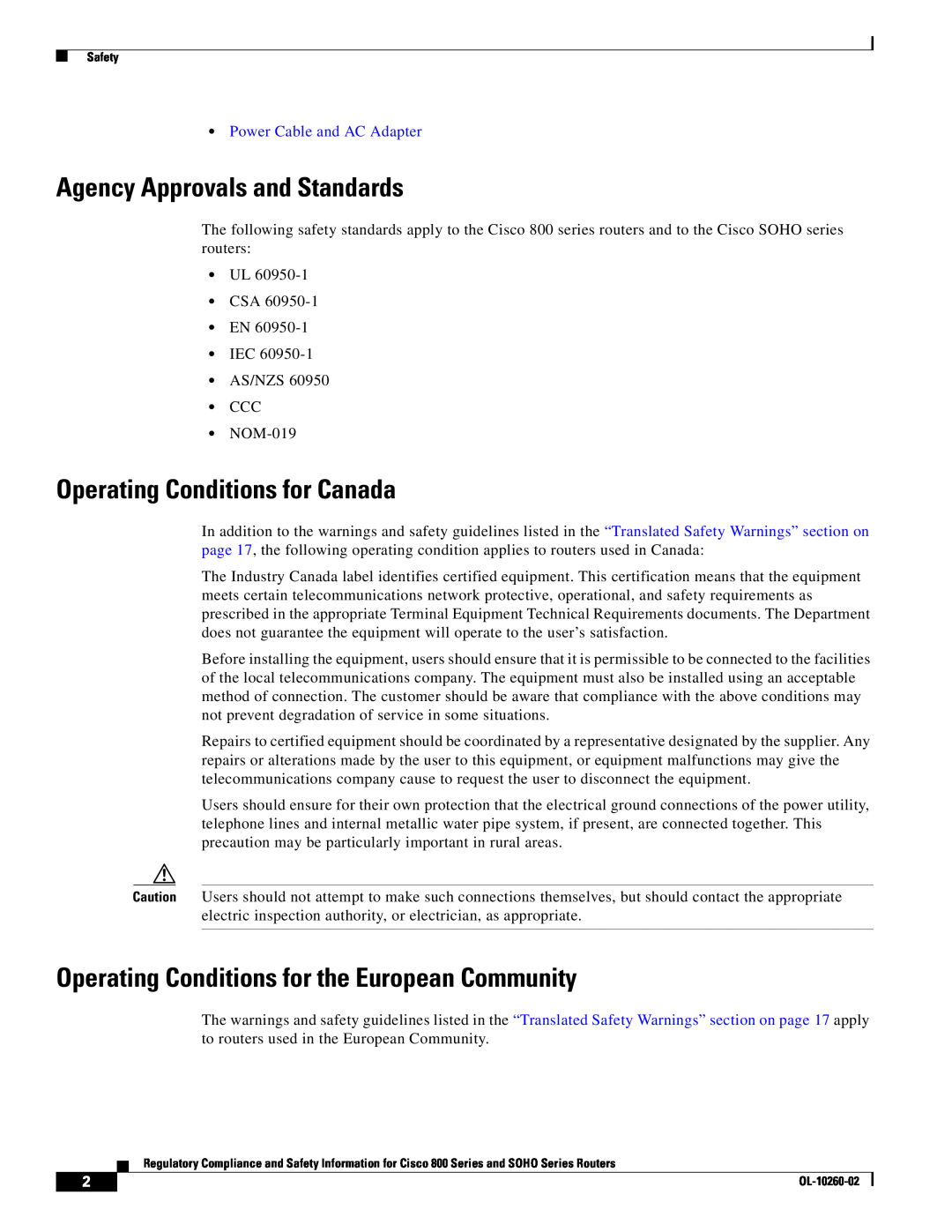 Cisco Systems SOHO Series Agency Approvals and Standards, Operating Conditions for Canada, Power Cable and AC Adapter 