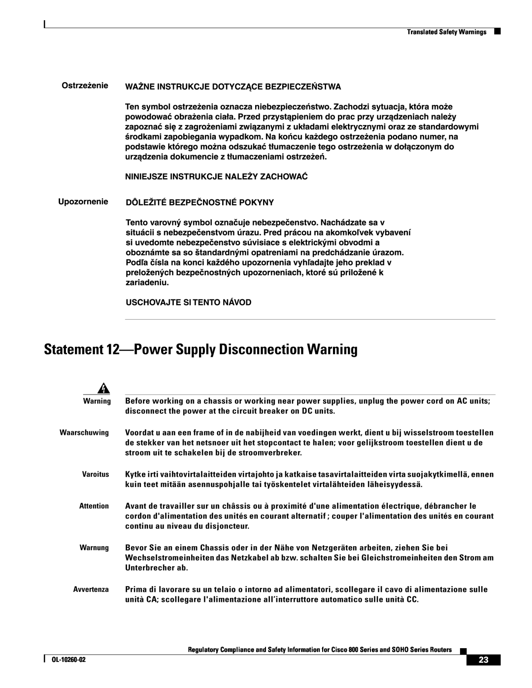 Cisco Systems SOHO Series manual Statement 12-Power Supply Disconnection Warning 