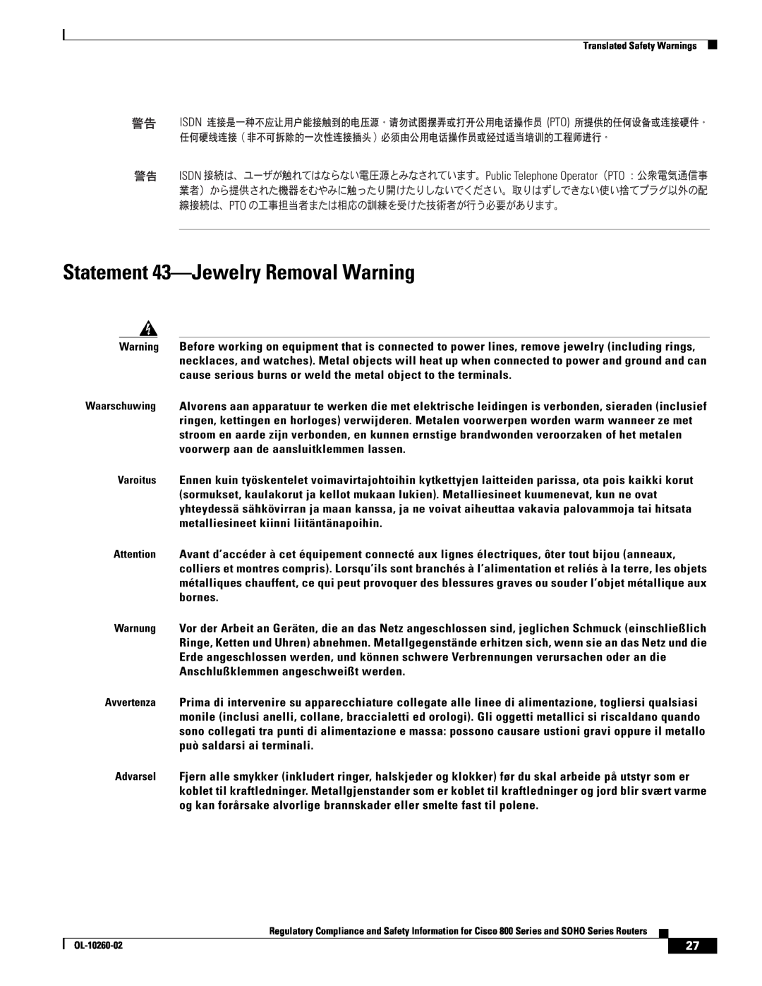 Cisco Systems SOHO Series manual Statement 43-Jewelry Removal Warning 